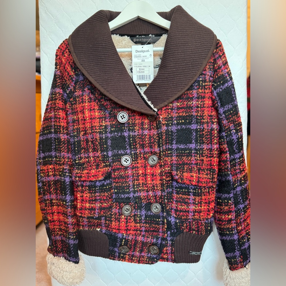 Brand New Desigual Rich Brown Red Fall/Winter Jacket. Plaid design Sherpa Cuffs.